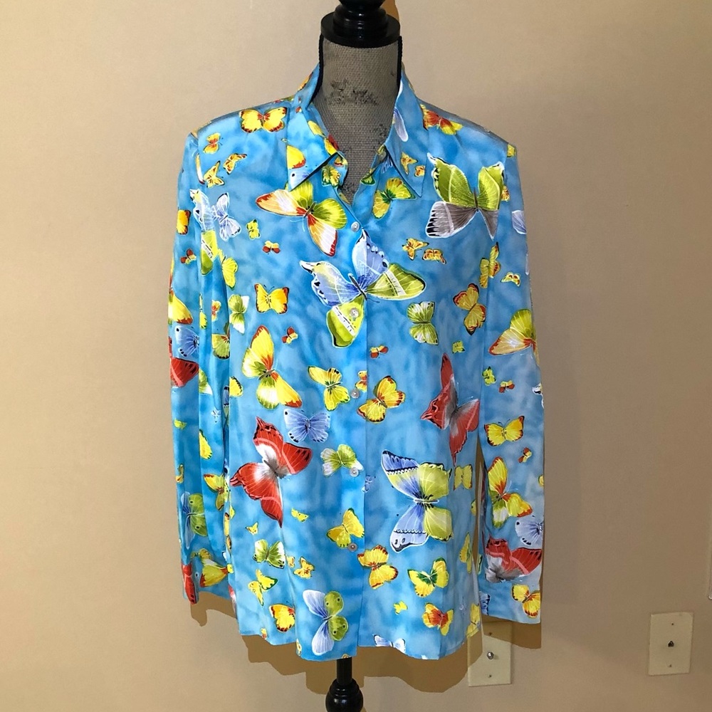 Maggy London 100% Silk Butterfly Motif Blouse. Sz 12